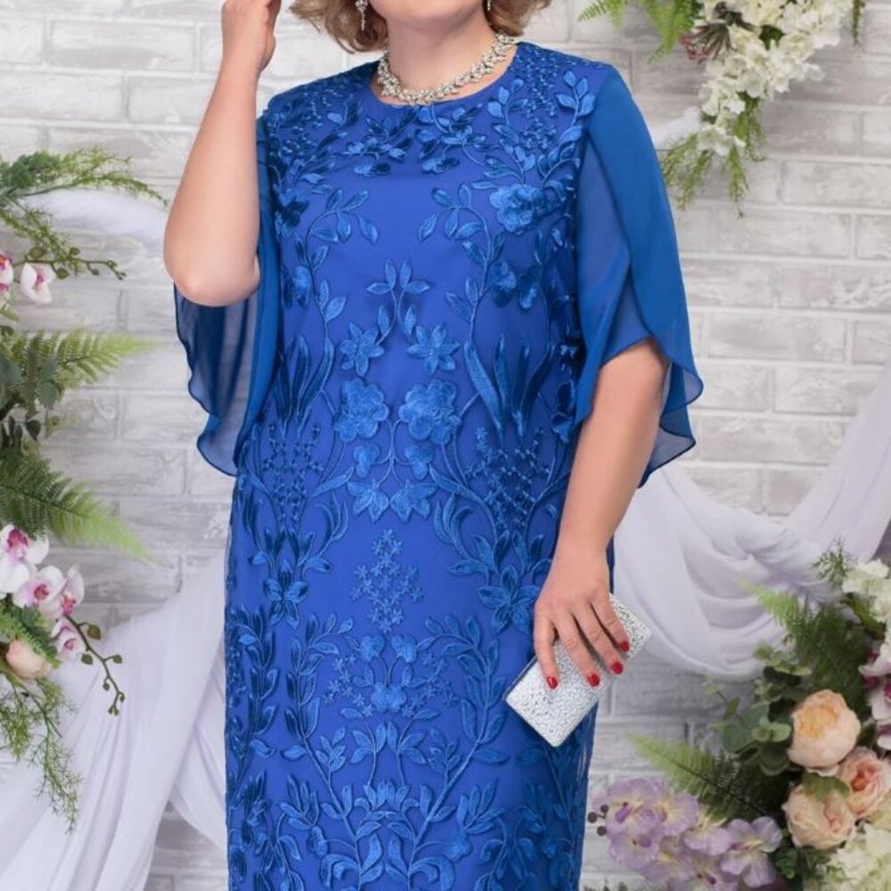 Women Plus Size Short Flutter Sleeve Embroidery Floral Midi Dress, Blue, 2XL